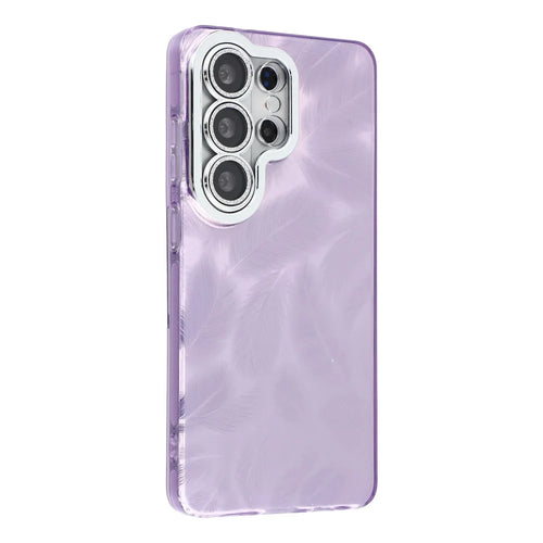 For Samsung Galaxy S26 Ultra Case IMD Design Shockproof Hybrid Phone Cover with Glass Lens Film - Feather Pattern  /  Purple - 1
