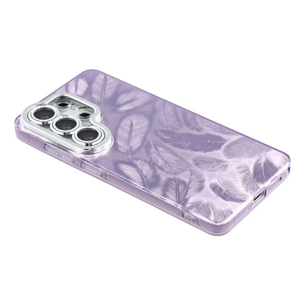 For Samsung Galaxy S26 Ultra Case IMD Design Shockproof Hybrid Phone Cover with Glass Lens Film - Feather Pattern  /  Purple - 3