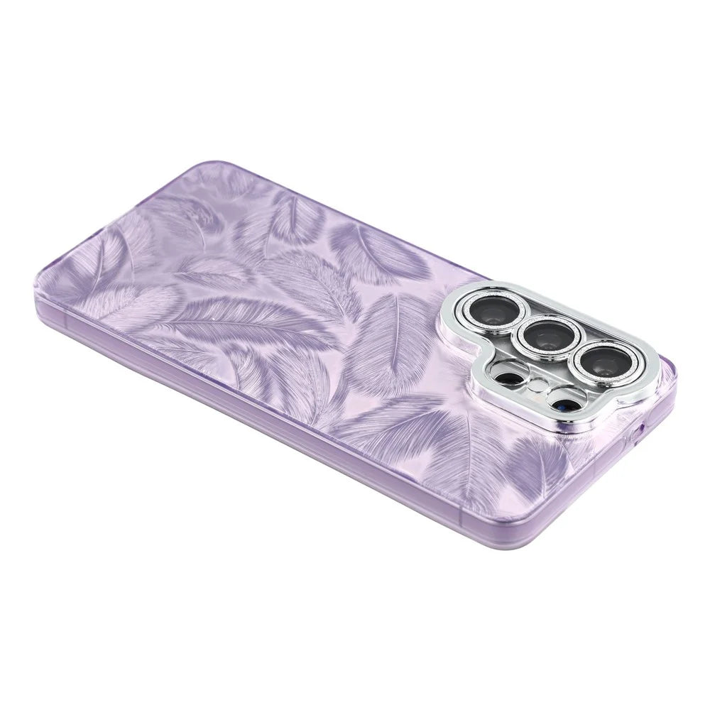 For Samsung Galaxy S26 Ultra Case IMD Design Shockproof Hybrid Phone Cover with Glass Lens Film - Feather Pattern  /  Purple - 4