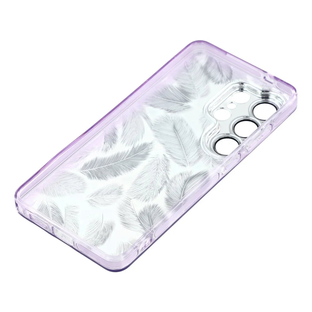 For Samsung Galaxy S26 Ultra Case IMD Design Shockproof Hybrid Phone Cover with Glass Lens Film - Feather Pattern  /  Purple - 5