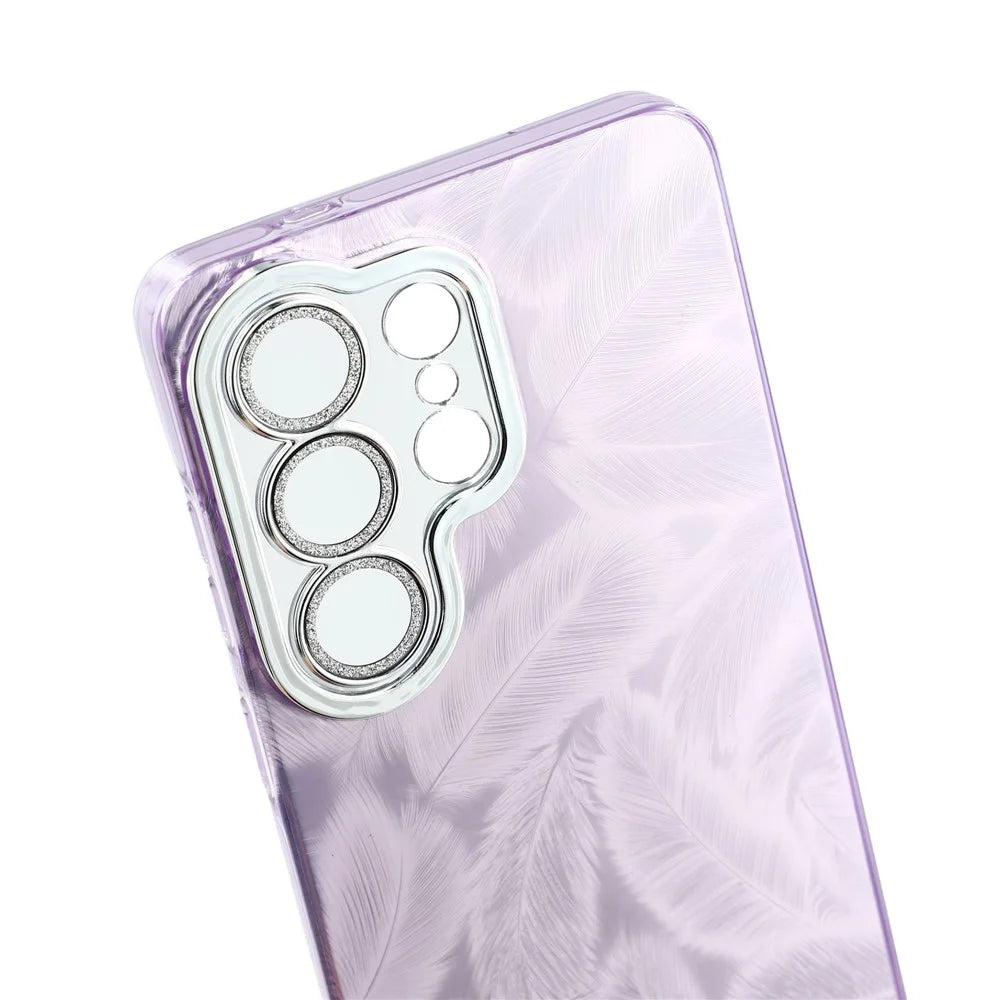 For Samsung Galaxy S26 Ultra Case IMD Design Shockproof Hybrid Phone Cover with Glass Lens Film - Feather Pattern  /  Purple - 6