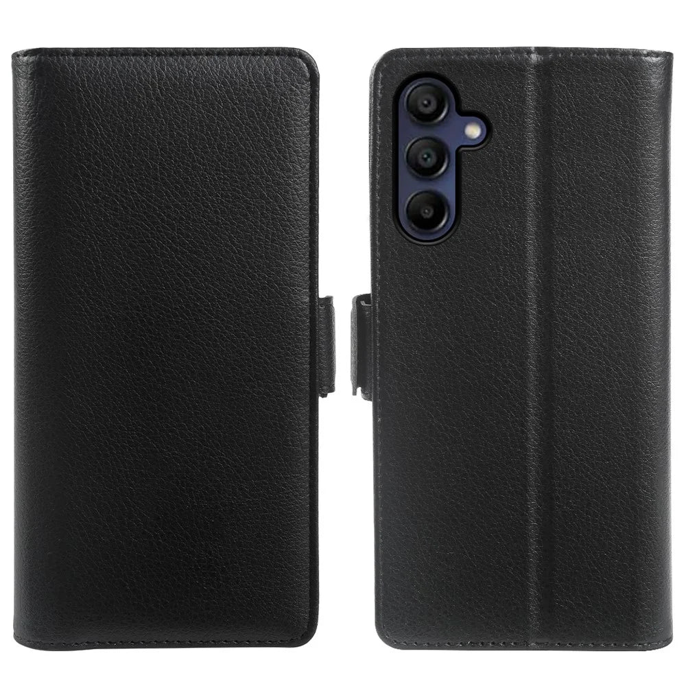 For Samsung Galaxy A15 4G  /  A15 5G Wallet Case with Dual Magnetic Clasp Litchi Textured Leather Flip Stand Phone Cover - Black - 1