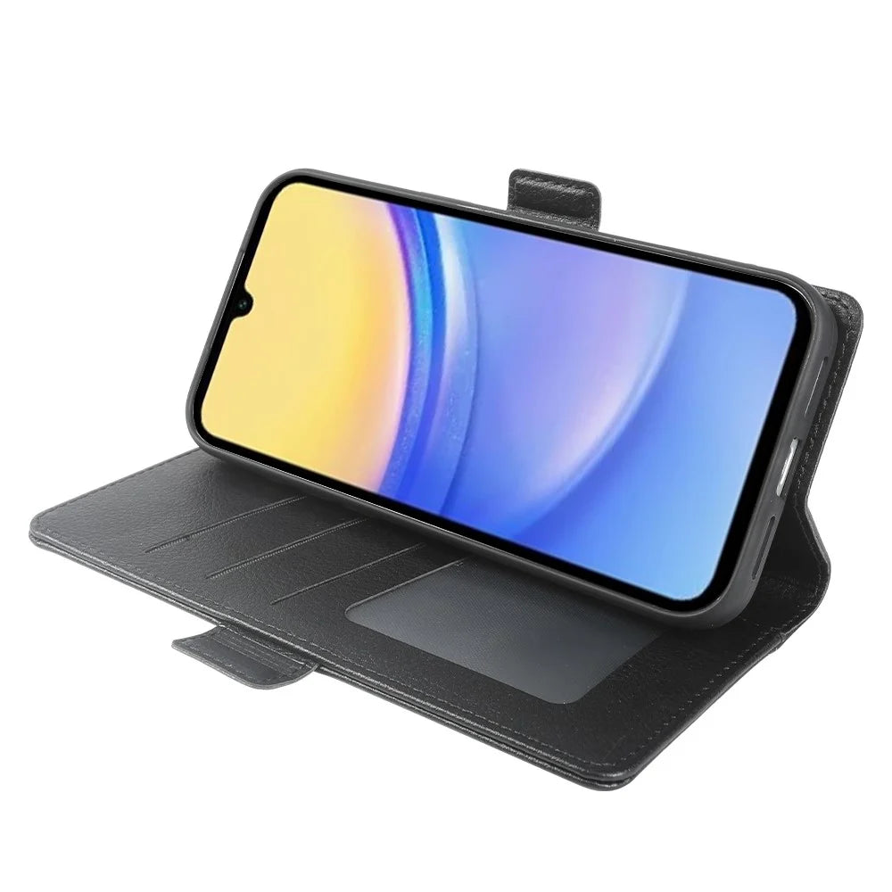 For Samsung Galaxy A15 4G  /  A15 5G Wallet Case with Dual Magnetic Clasp Litchi Textured Leather Flip Stand Phone Cover - Black - 2