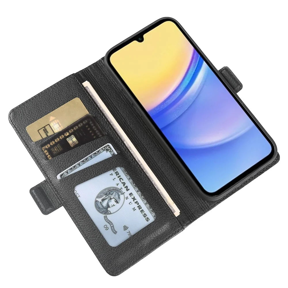 For Samsung Galaxy A15 4G  /  A15 5G Wallet Case with Dual Magnetic Clasp Litchi Textured Leather Flip Stand Phone Cover - Black - 3