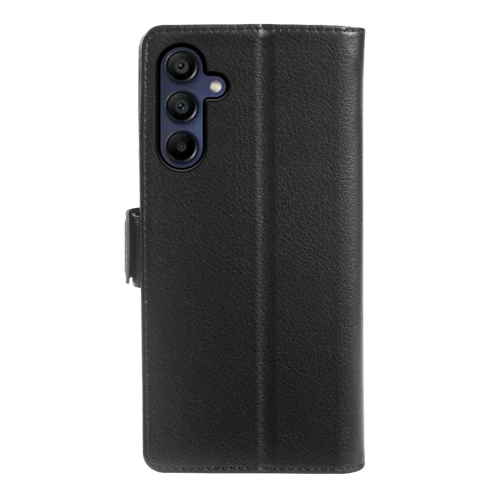 For Samsung Galaxy A15 4G  /  A15 5G Wallet Case with Dual Magnetic Clasp Litchi Textured Leather Flip Stand Phone Cover - Black - 6