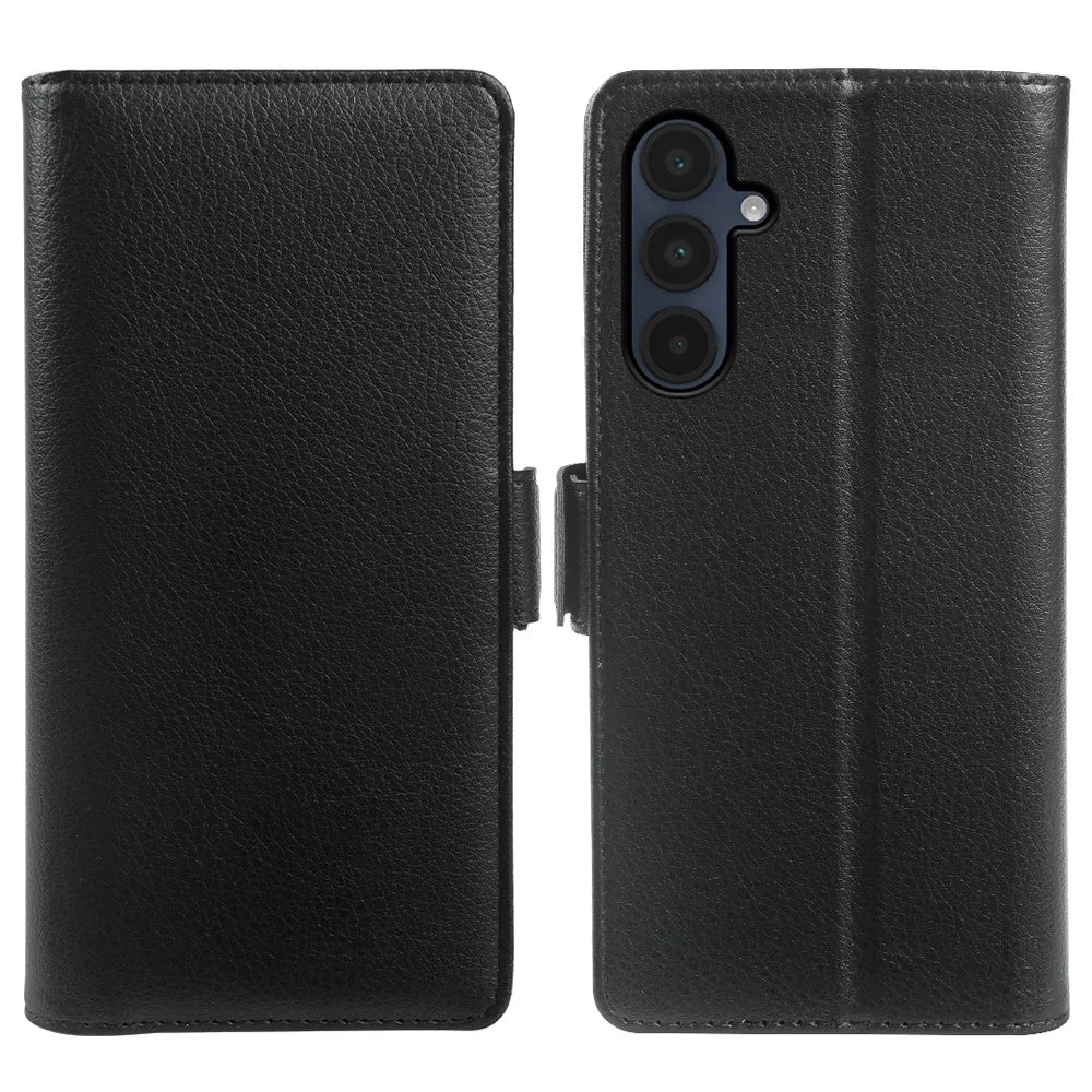 For Samsung Galaxy A16 5G  /  A16 4G Wallet Case with Dual Magnetic Clasp Litchi Textured Leather Flip Stand Phone Cover - Black - 1