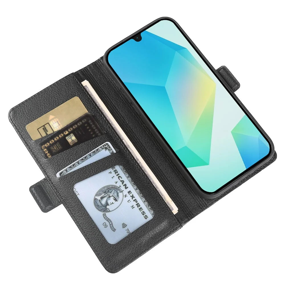 For Samsung Galaxy A16 5G  /  A16 4G Wallet Case with Dual Magnetic Clasp Litchi Textured Leather Flip Stand Phone Cover - Black - 3