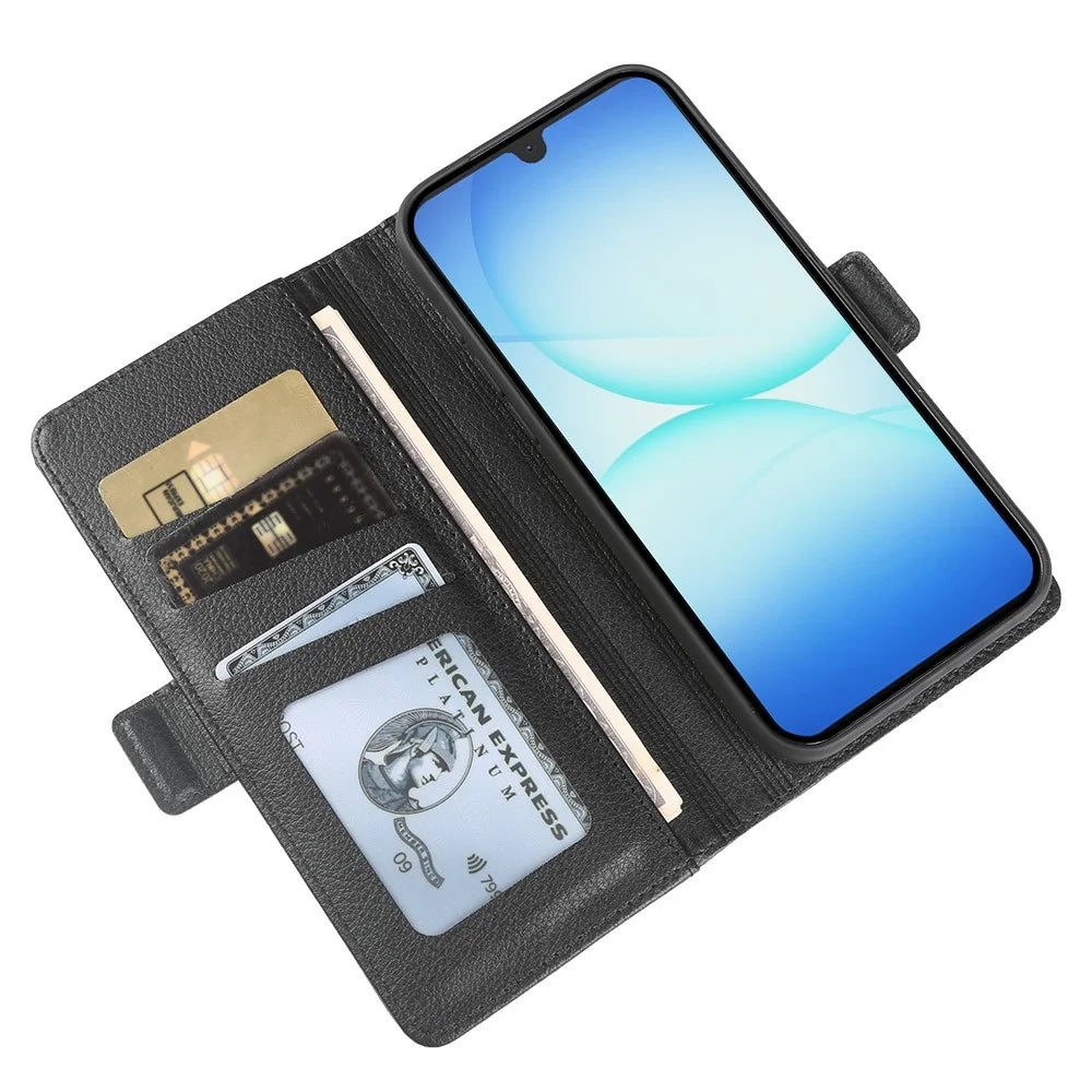 For Samsung Galaxy A18 5G / A18 4G / A17 5G / A17 4G Wallet Case with Dual Magnetic Clasp Litchi Textured Leather Flip Stand Phone Cover - Black - 3