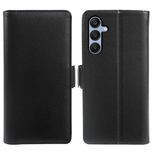 For Samsung Galaxy A25 5G (Global) (161mm) Wallet Case with Dual Magnetic Clasp Litchi Textured Leather Flip Stand Phone Cover - Black - 1