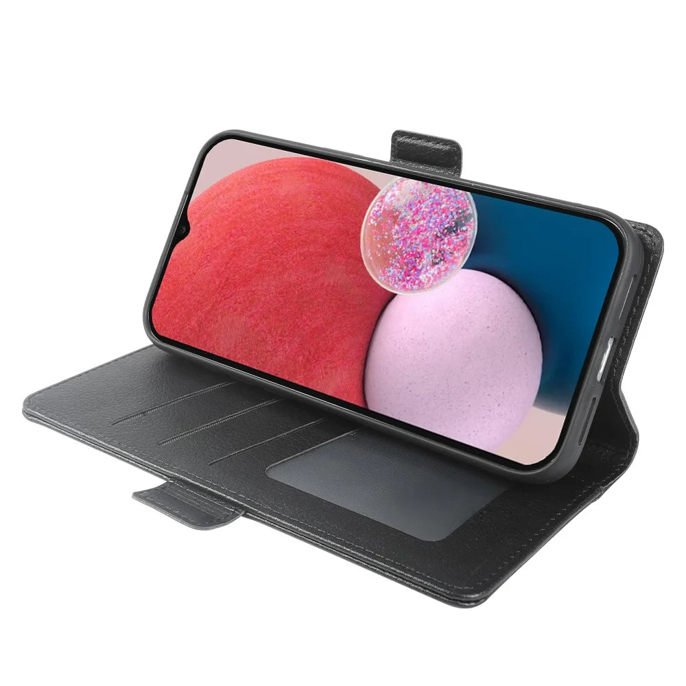 For Samsung Galaxy A25 5G (Global) (161mm) Wallet Case with Dual Magnetic Clasp Litchi Textured Leather Flip Stand Phone Cover - Black - 2
