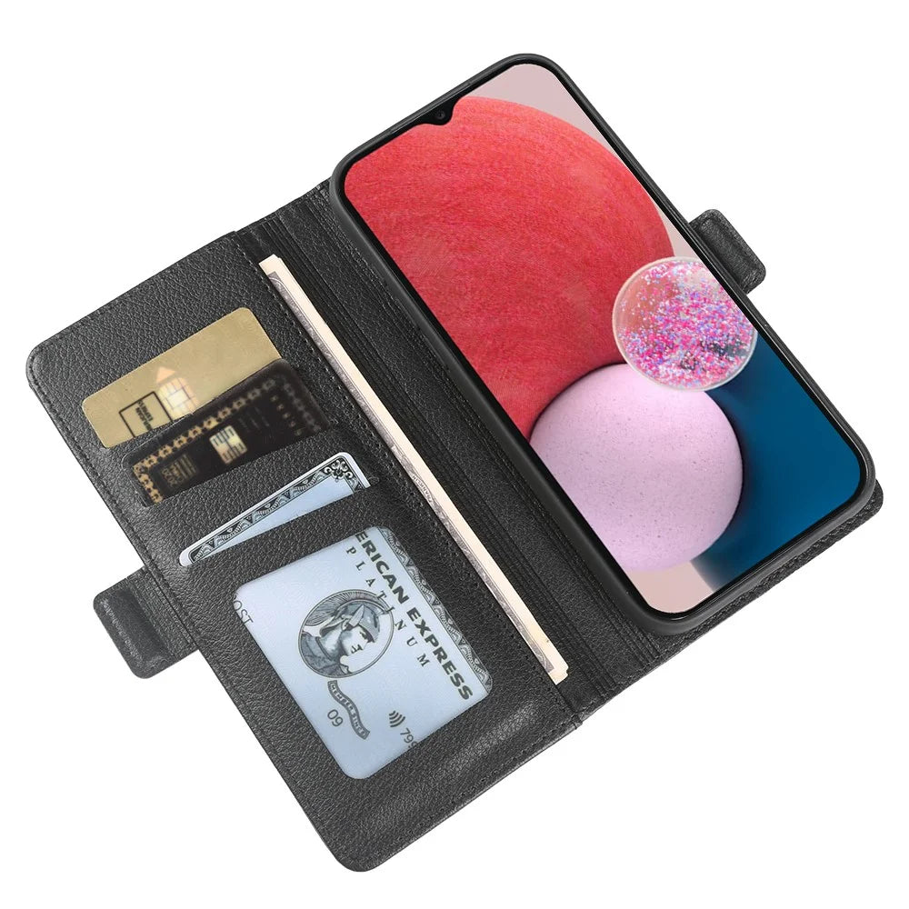 For Samsung Galaxy A25 5G (Global) (161mm) Wallet Case with Dual Magnetic Clasp Litchi Textured Leather Flip Stand Phone Cover - Black - 3