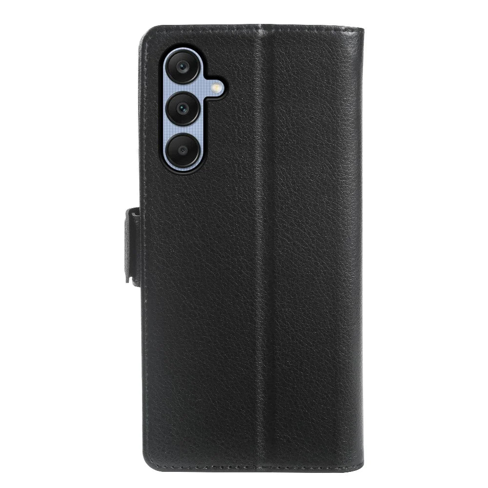 For Samsung Galaxy A25 5G (Global) (161mm) Wallet Case with Dual Magnetic Clasp Litchi Textured Leather Flip Stand Phone Cover - Black - 6
