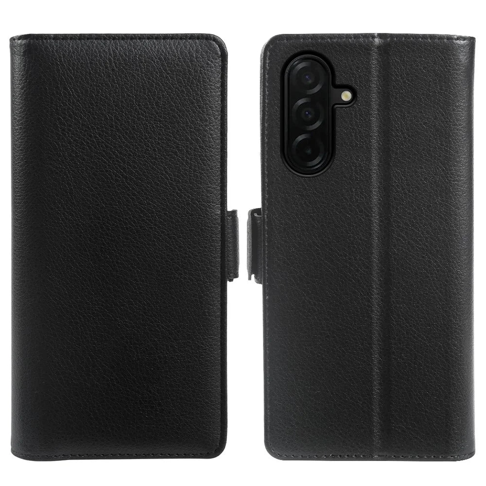 For Samsung Galaxy A26 5G Wallet Case with Dual Magnetic Clasp Litchi Textured Leather Flip Stand Phone Cover - Black - 1