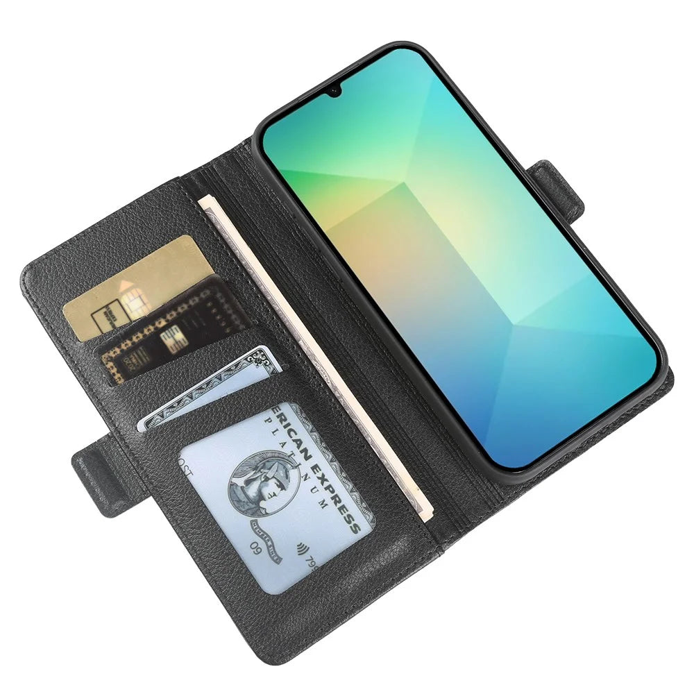 For Samsung Galaxy A26 5G Wallet Case with Dual Magnetic Clasp Litchi Textured Leather Flip Stand Phone Cover - Black - 3