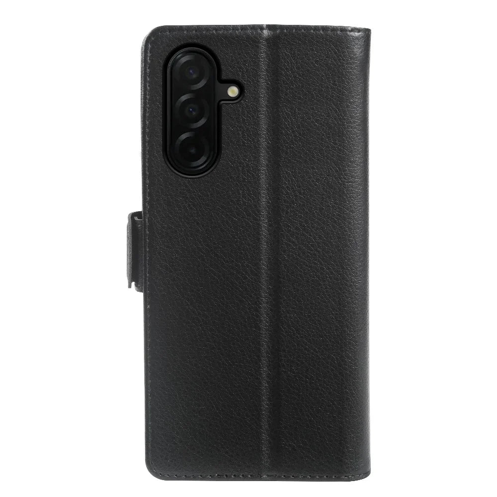 For Samsung Galaxy A26 5G Wallet Case with Dual Magnetic Clasp Litchi Textured Leather Flip Stand Phone Cover - Black - 6