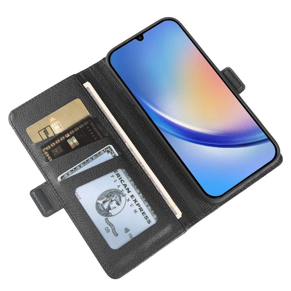 For Samsung Galaxy A34 5G Wallet Case with Dual Magnetic Clasp Litchi Textured Leather Flip Stand Phone Cover - Black - 3