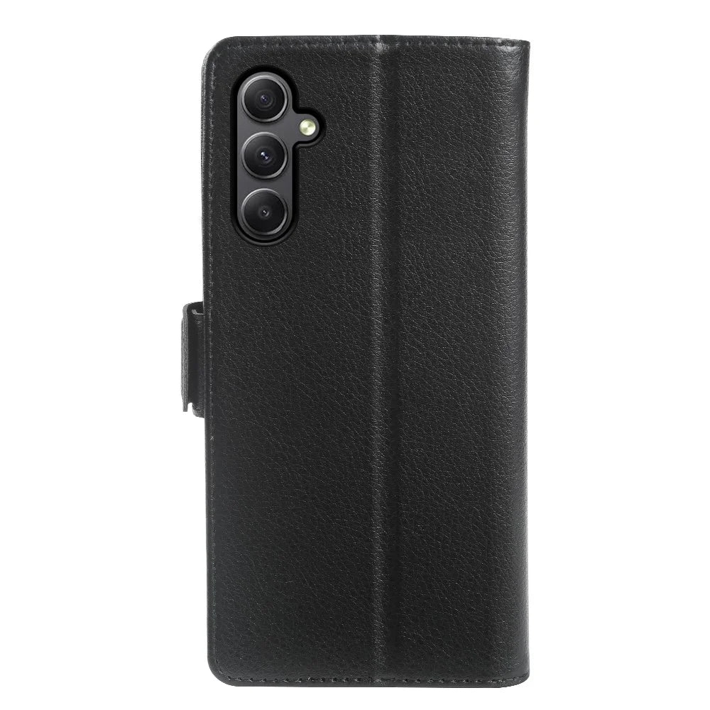 For Samsung Galaxy A34 5G Wallet Case with Dual Magnetic Clasp Litchi Textured Leather Flip Stand Phone Cover - Black - 6