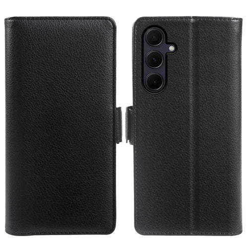 For Samsung Galaxy A35 5G Wallet Case with Dual Magnetic Clasp Litchi Textured Leather Flip Stand Phone Cover - Black - 1