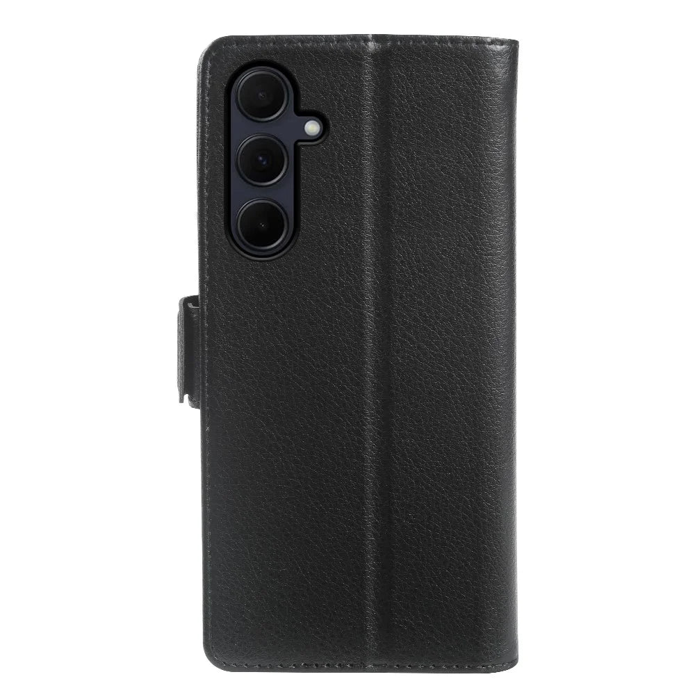 For Samsung Galaxy A35 5G Wallet Case with Dual Magnetic Clasp Litchi Textured Leather Flip Stand Phone Cover - Black - 6