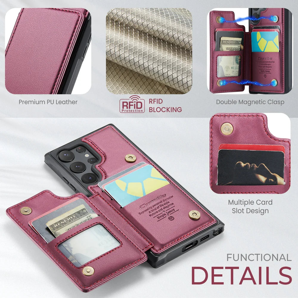 CASEME For Samsung Galaxy S26 Ultra Case with RFID Blocking 5 Card Slots  C22 Leather Back Cover - Red - 2