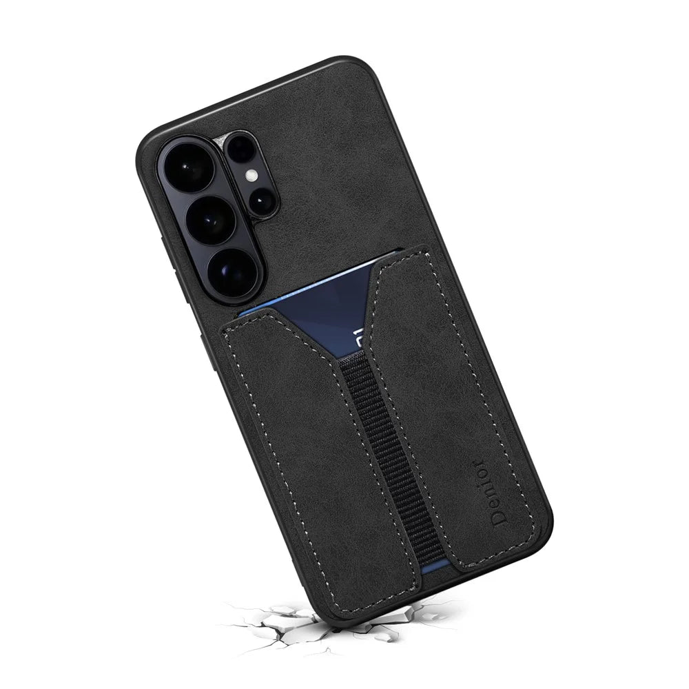 DENIOR For Samsung Galaxy S26 Ultra Case Elastic Card Holder PU Leather + TPU + PC Phone Cover - Black - 3