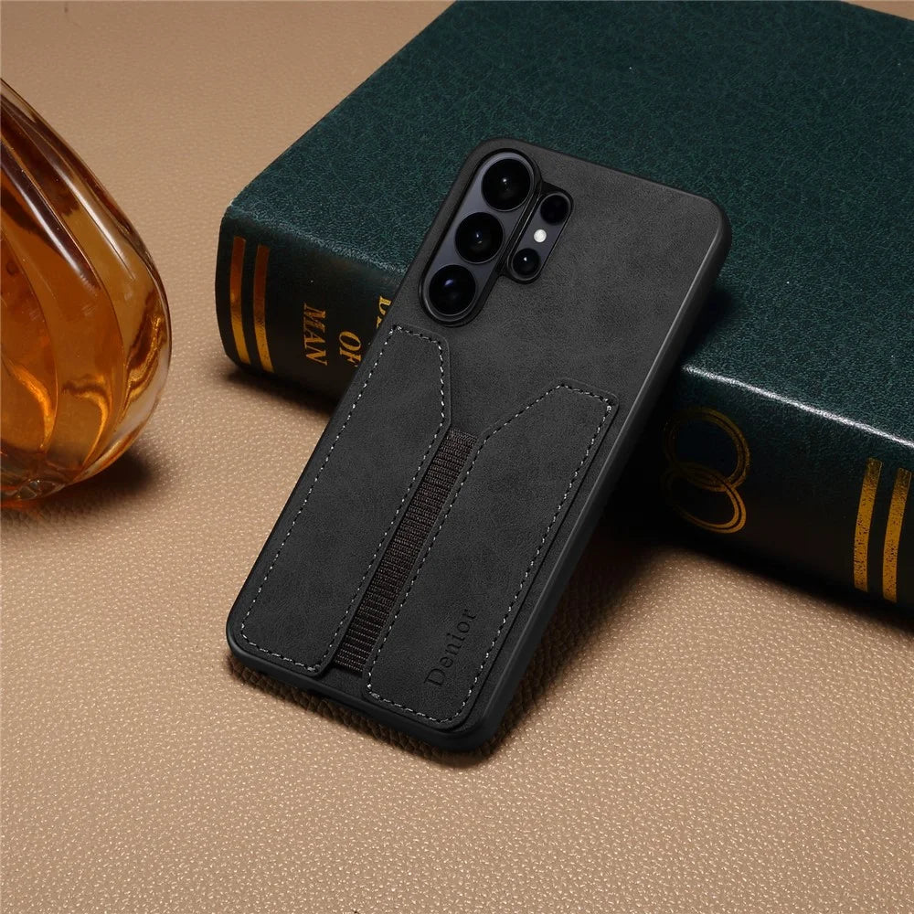 DENIOR For Samsung Galaxy S26 Ultra Case Elastic Card Holder PU Leather + TPU + PC Phone Cover - Black - 5