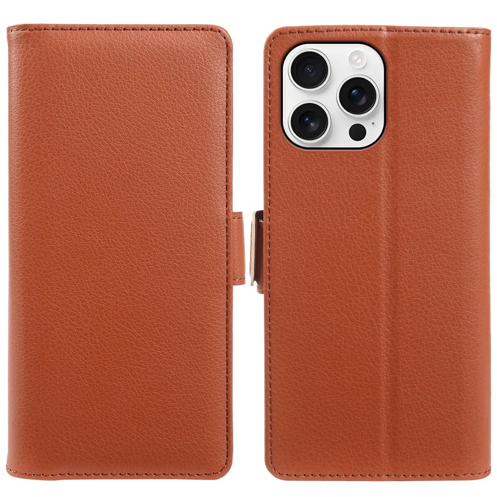 For iPhone 16 Pro Max Wallet Case with Dual Magnetic Clasp Litchi Textured Leather Flip Stand Phone Cover - Brown - 1