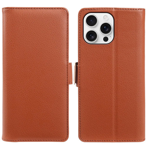 For iPhone 16 Pro Max Wallet Case with Dual Magnetic Clasp Litchi Textured Leather Flip Stand Phone Cover - Brown - 1