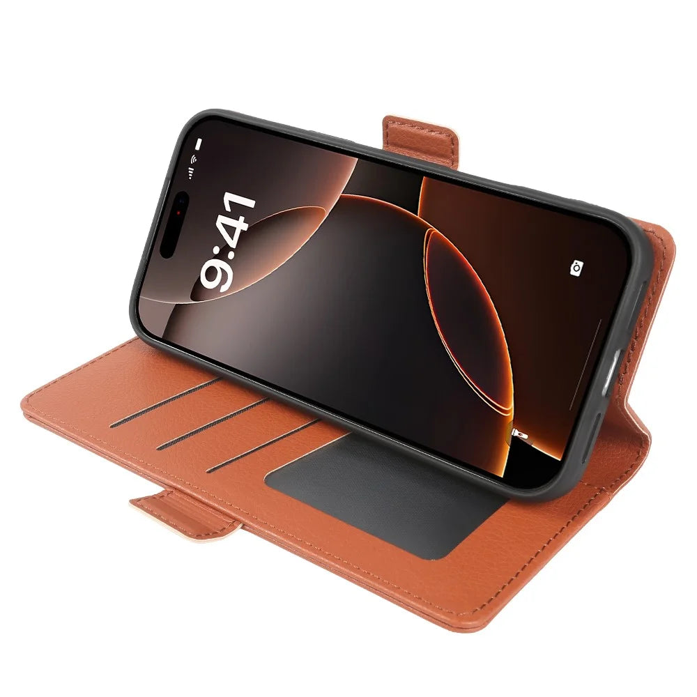 For iPhone 16 Pro Max Wallet Case with Dual Magnetic Clasp Litchi Textured Leather Flip Stand Phone Cover - Brown - 2