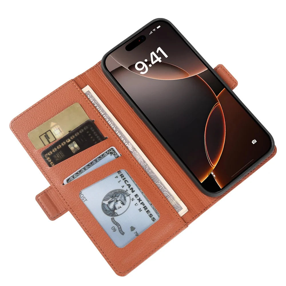 For iPhone 16 Pro Max Wallet Case with Dual Magnetic Clasp Litchi Textured Leather Flip Stand Phone Cover - Brown - 3