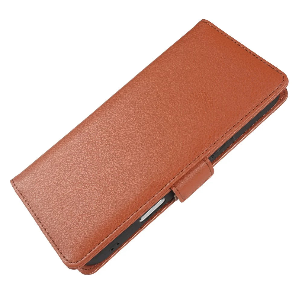 For iPhone 16 Pro Max Wallet Case with Dual Magnetic Clasp Litchi Textured Leather Flip Stand Phone Cover - Brown - 4