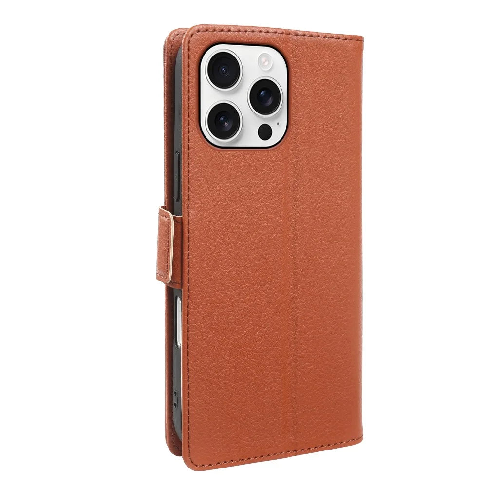 For iPhone 16 Pro Max Wallet Case with Dual Magnetic Clasp Litchi Textured Leather Flip Stand Phone Cover - Brown - 6