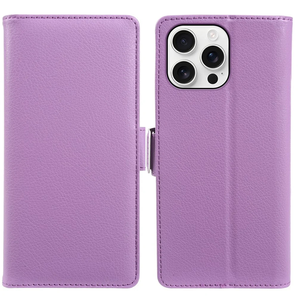 For iPhone 16 Pro Wallet Case with Dual Magnetic Clasp Litchi Textured Leather Flip Stand Phone Cover - Purple - 1