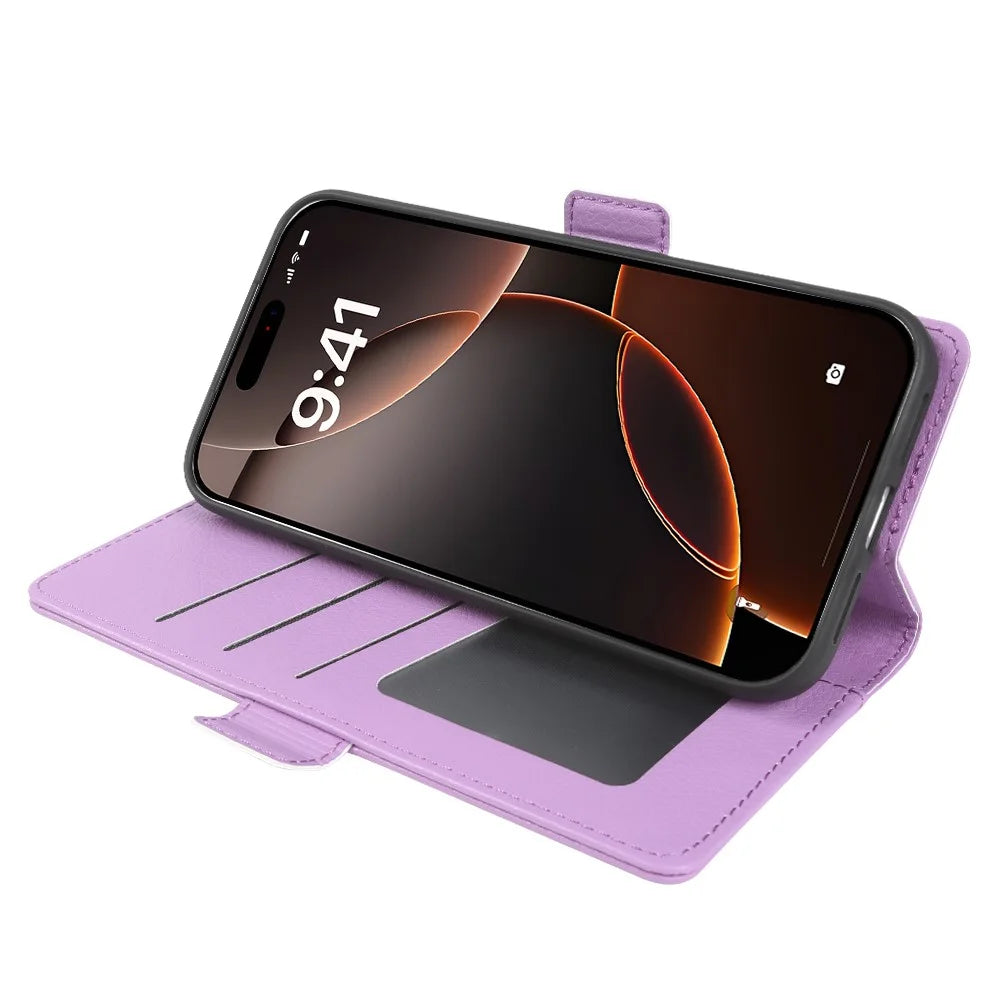 For iPhone 16 Pro Wallet Case with Dual Magnetic Clasp Litchi Textured Leather Flip Stand Phone Cover - Purple - 2