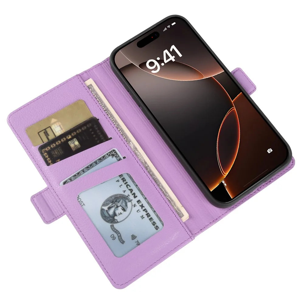 For iPhone 16 Pro Wallet Case with Dual Magnetic Clasp Litchi Textured Leather Flip Stand Phone Cover - Purple - 3