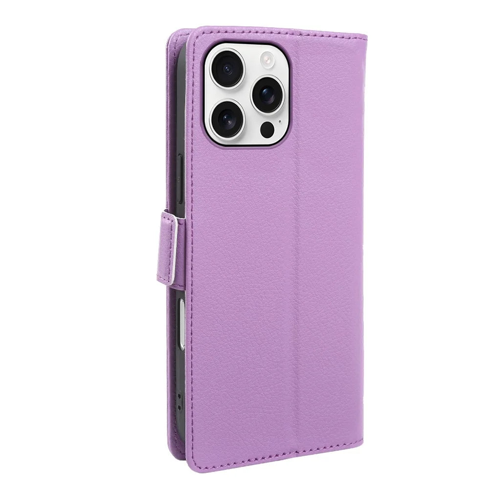 For iPhone 16 Pro Wallet Case with Dual Magnetic Clasp Litchi Textured Leather Flip Stand Phone Cover - Purple - 6