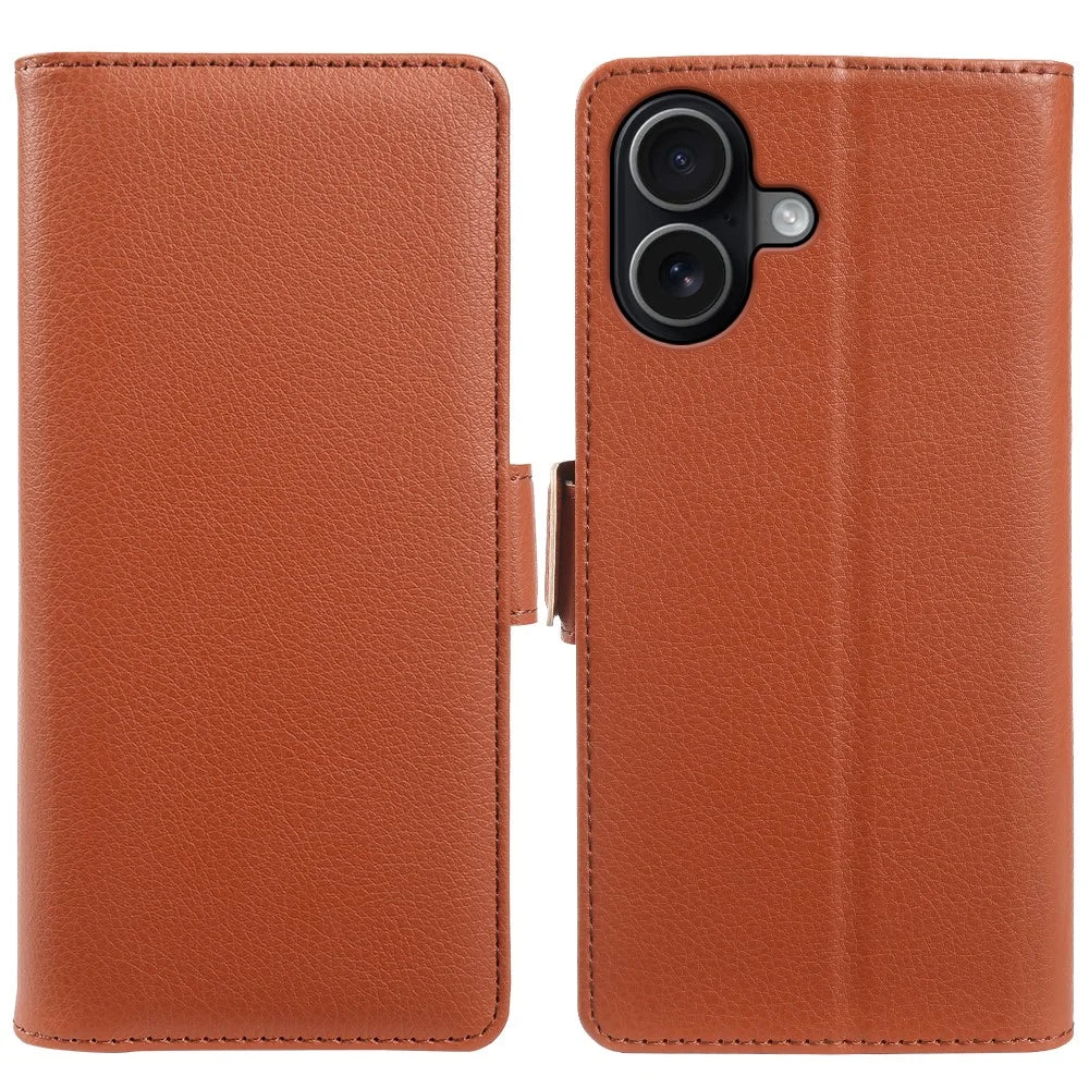 For iPhone 17 Wallet Case with Dual Magnetic Clasp Litchi Textured Leather Flip Stand Phone Cover - Brown - 1