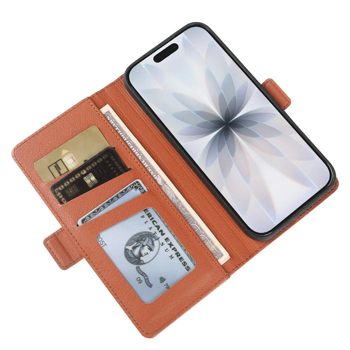For iPhone 17 Wallet Case with Dual Magnetic Clasp Litchi Textured Leather Flip Stand Phone Cover - Brown - 3