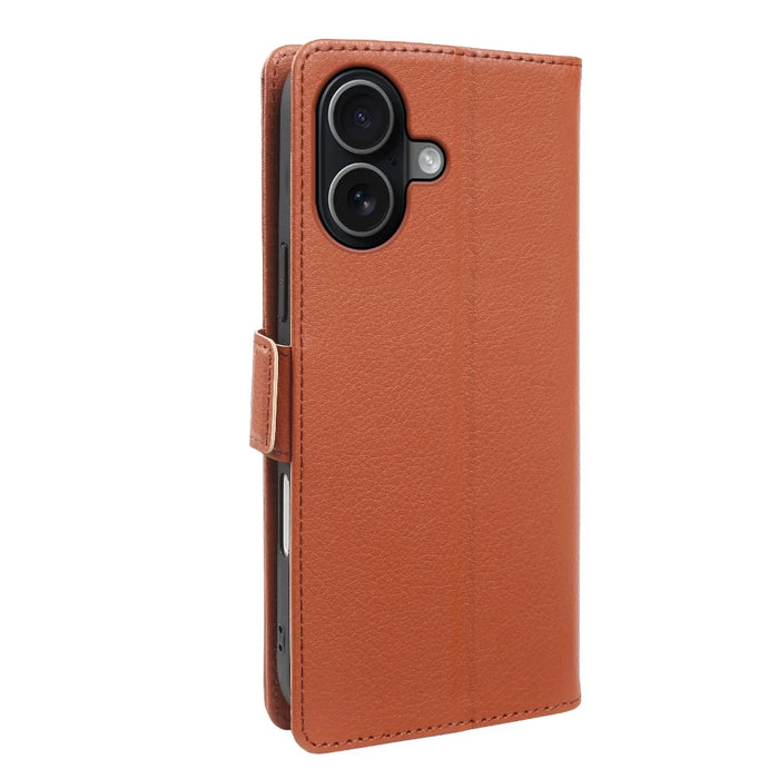 For iPhone 17 Wallet Case with Dual Magnetic Clasp Litchi Textured Leather Flip Stand Phone Cover - Brown - 6