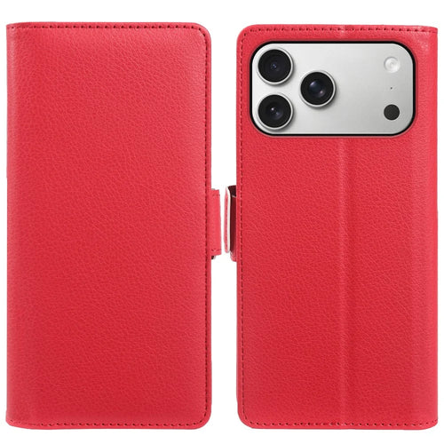 For iPhone 18 Pro / 17 Pro Wallet Case with Dual Magnetic Clasp Litchi Textured Leather Flip Stand Phone Cover - Red - 1