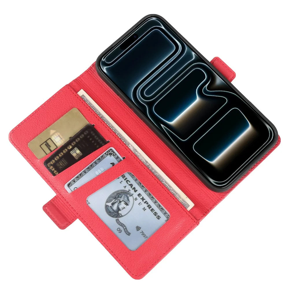 For iPhone 18 Pro / 17 Pro Wallet Case with Dual Magnetic Clasp Litchi Textured Leather Flip Stand Phone Cover - Red - 3