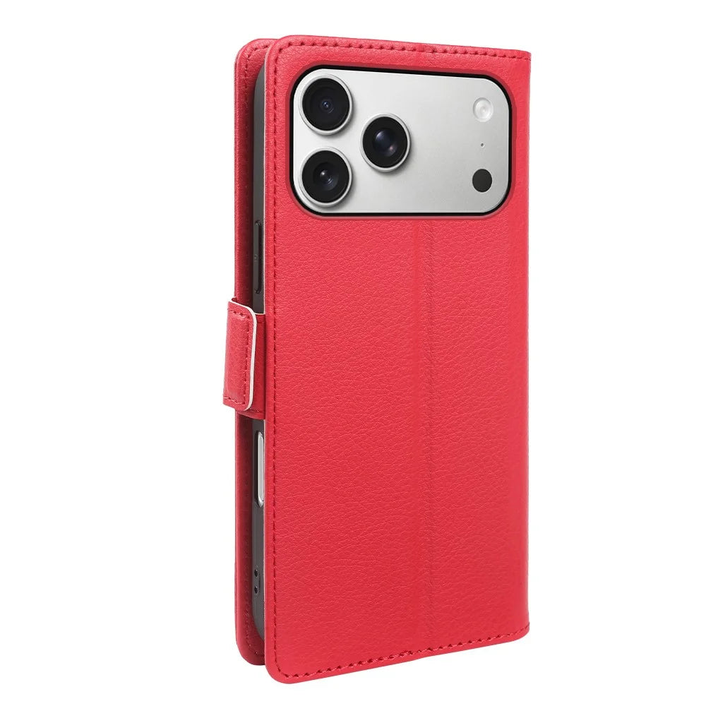 For iPhone 18 Pro / 17 Pro Wallet Case with Dual Magnetic Clasp Litchi Textured Leather Flip Stand Phone Cover - Red - 6