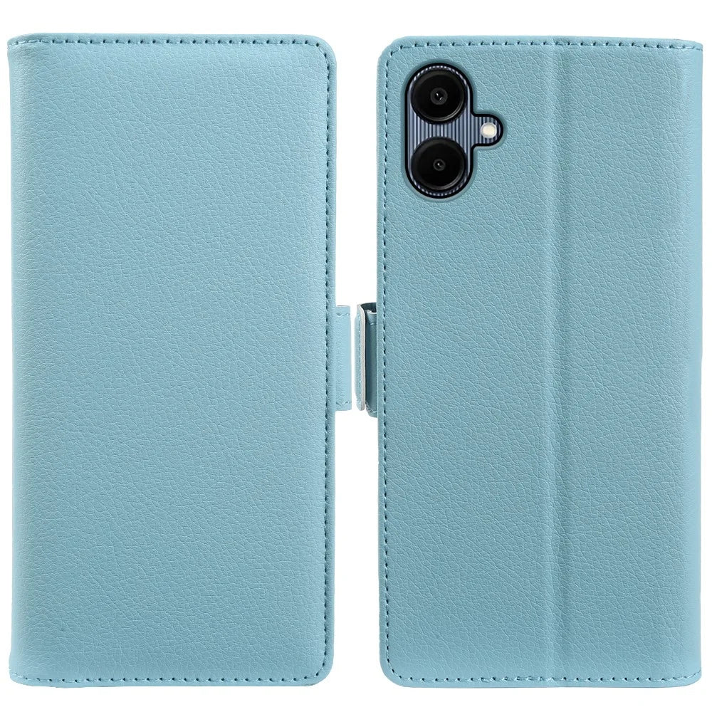 For Samsung Galaxy A06 5G Wallet Case with Dual Magnetic Clasp Litchi Textured Leather Flip Stand Phone Cover - Blue - 1