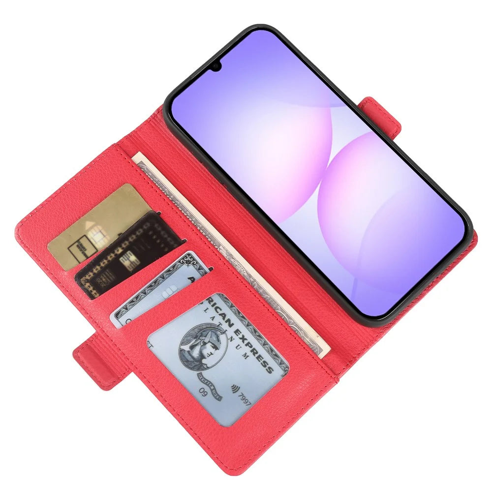 For Samsung Galaxy A08 5G / A08 4G / A07 4G Wallet Case with Dual Magnetic Clasp Litchi Textured Leather Flip Stand Phone Cover - Red - 4