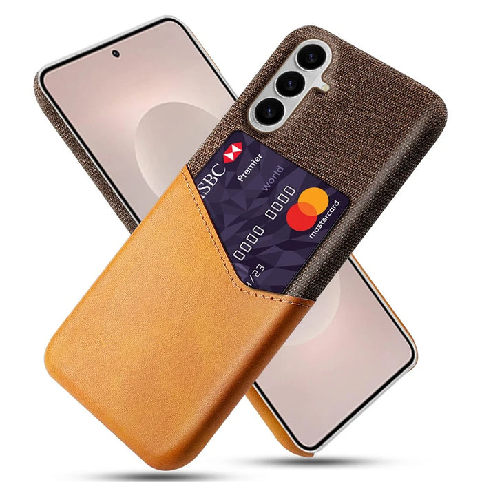 For Samsung Galaxy S26+ Case PU Leather Cloth Texture Hard PC Phone Cover with Card Holder - Orange - 1