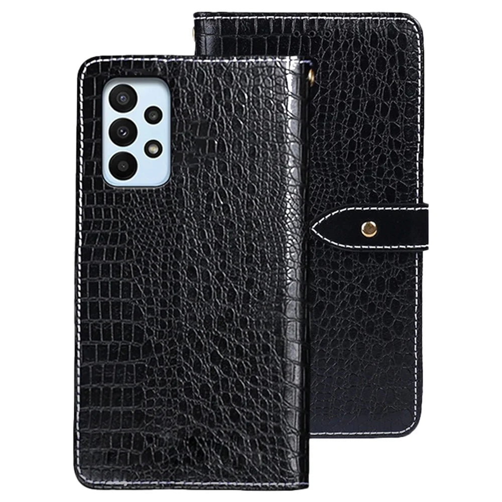 IDEWEI For Samsung Galaxy A23 4G / A23 5G (Global Version) Crocodile Texture PU Leather Wallet Phone Case Viewing Stand Magnetic Protective Flip Folio Cover - Black - 1
