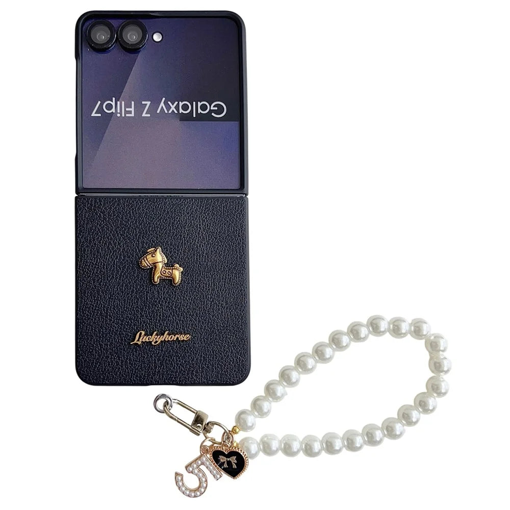 For Samsung Galaxy Z Flip7 5G Case Lucky Horse Decor Leather + PC Phone Cover with Pearl Chain Strap - Litchi - 1