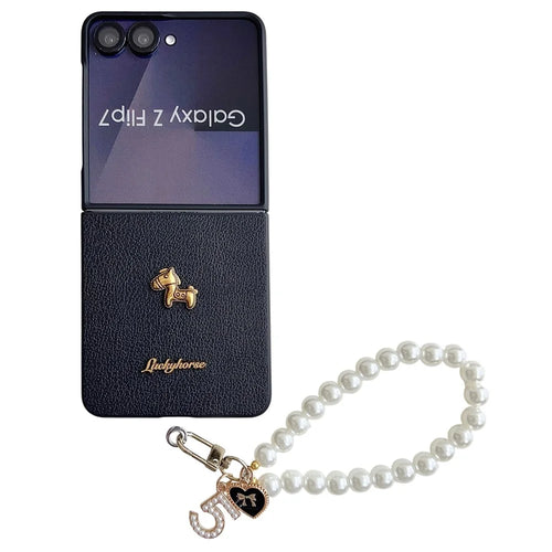 For Samsung Galaxy Z Flip7 5G Case Lucky Horse Decor Leather + PC Phone Cover with Pearl Chain Strap - Litchi - 1