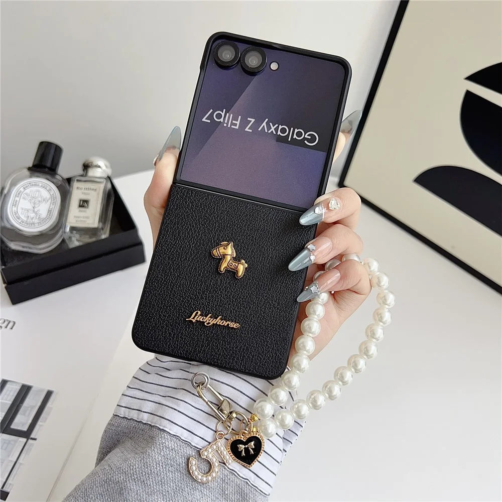 For Samsung Galaxy Z Flip7 5G Case Lucky Horse Decor Leather + PC Phone Cover with Pearl Chain Strap - Litchi - 2