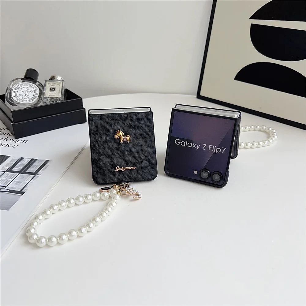 For Samsung Galaxy Z Flip7 5G Case Lucky Horse Decor Leather + PC Phone Cover with Pearl Chain Strap - Litchi - 3